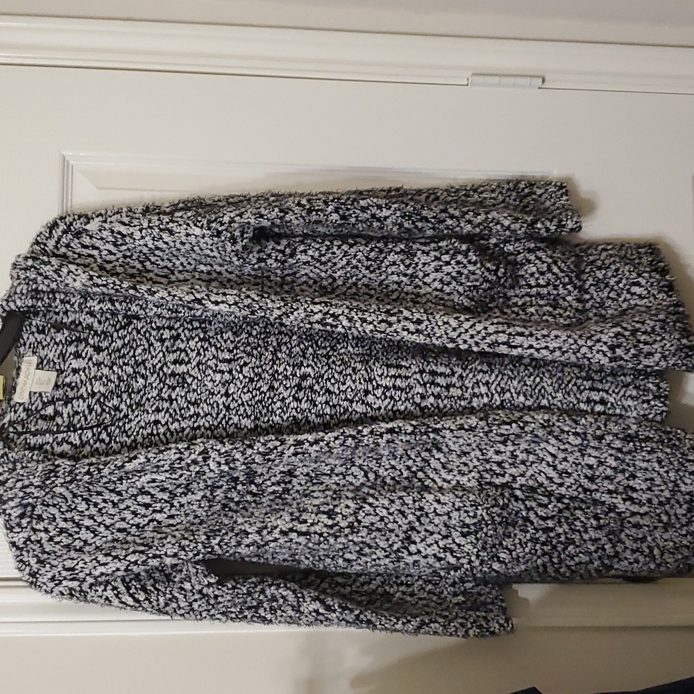 Cynthia Rowley Long Popcorn Hooded Cardigan Sweater Black & white
